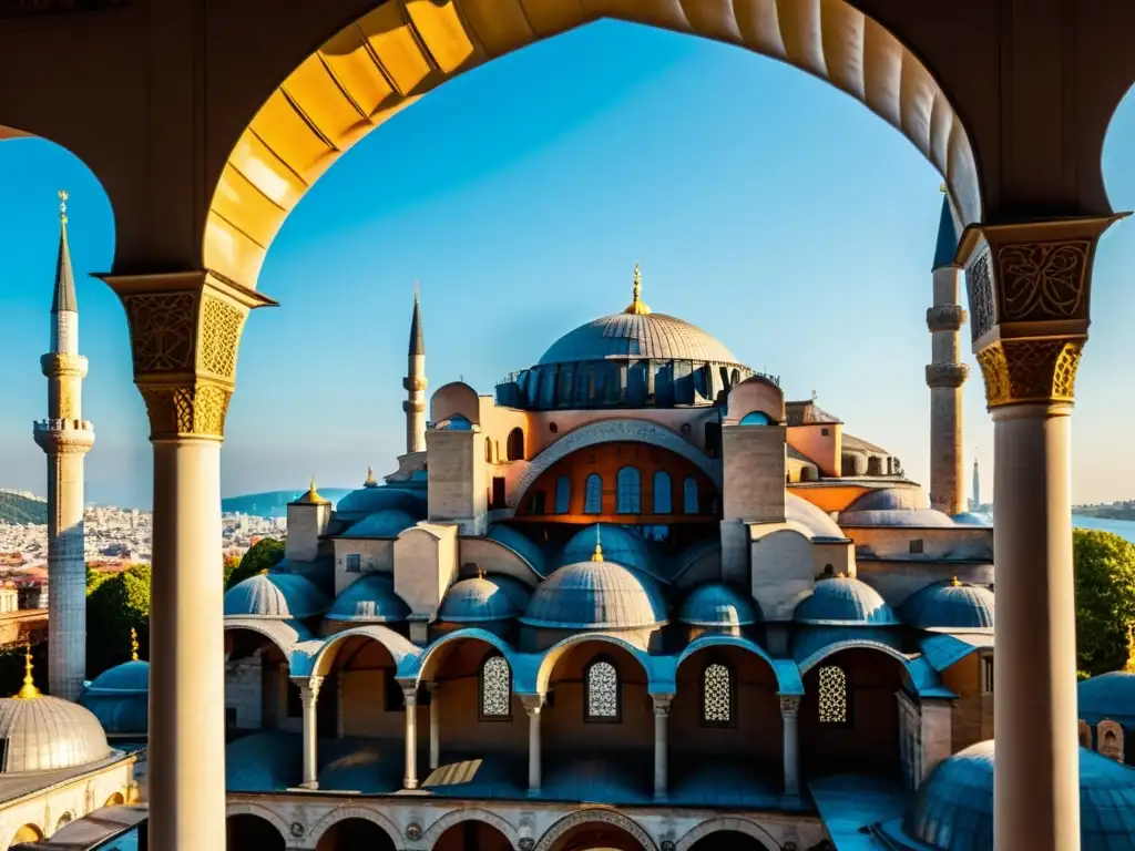 Arte islámico en las capitales: Hagia Sophia al atardecer, bañada por la cálida luz dorada, destaca su majestuosidad histórica