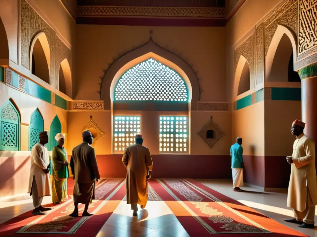 Arte islámico en África: Detallada imagen de una mezquita africana con patrones geométricos y florales, colores vibrantes y detalles arquitectónicos