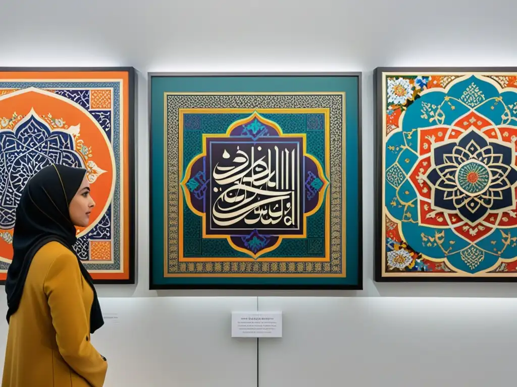 Exposición contemporánea de arte islámico con mujeres artistas y visitantes, vibrante y diversa