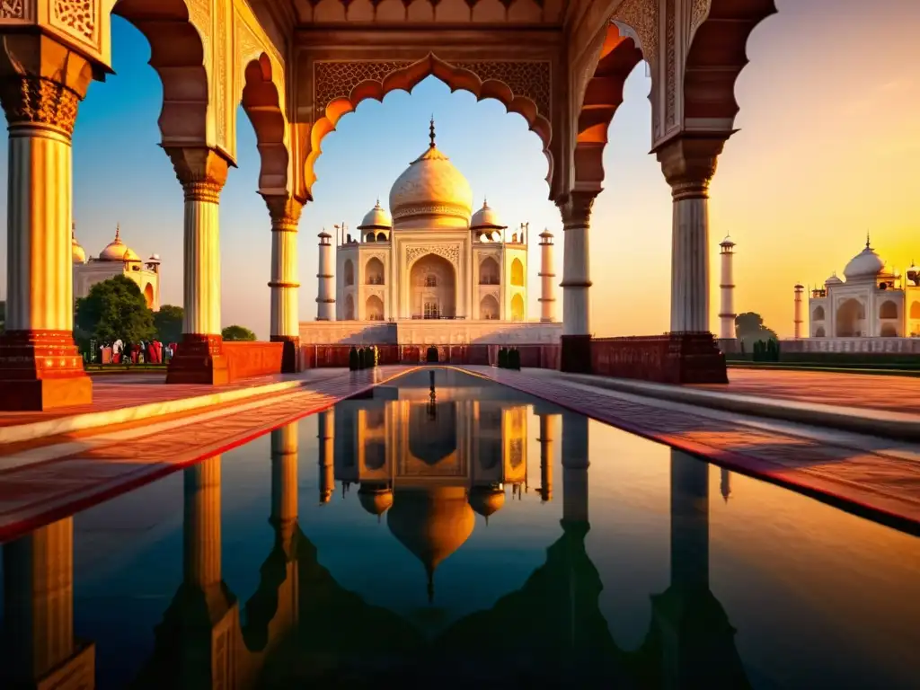 Arte islámico del subcontinente indio: detallada imagen del Taj Mahal al atardecer, con juego de luces y sombras reflejado en el río Yamuna