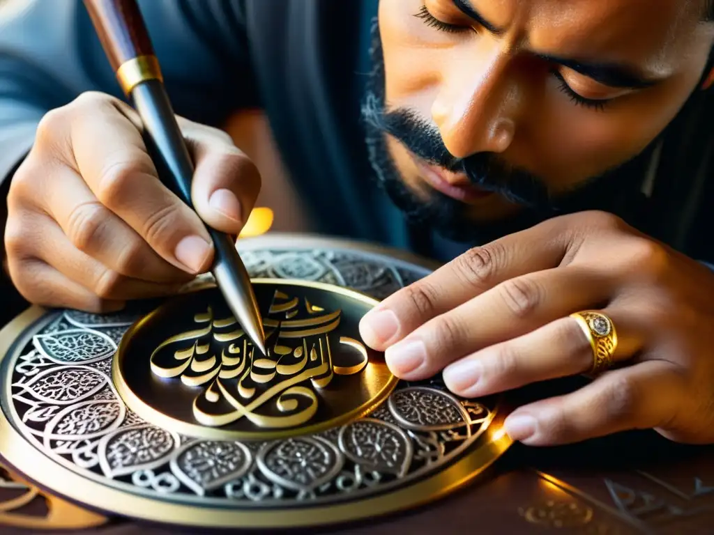 Arte de la orfebrería en el Islam: Detalle de un artesano meticuloso creando una pieza de metal con grabados y caligrafía árabe