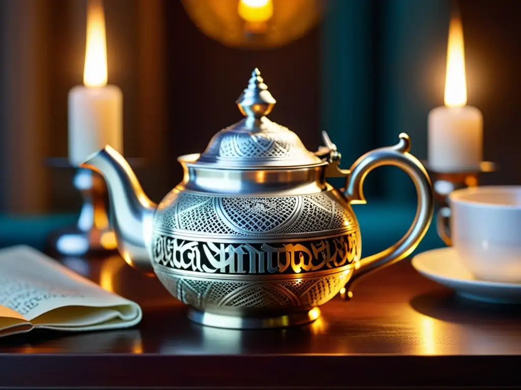 Arte de la orfebrería en el Islam: Teapot de plata filigrana con patrones y caligrafía islámica, iluminado por luz de velas