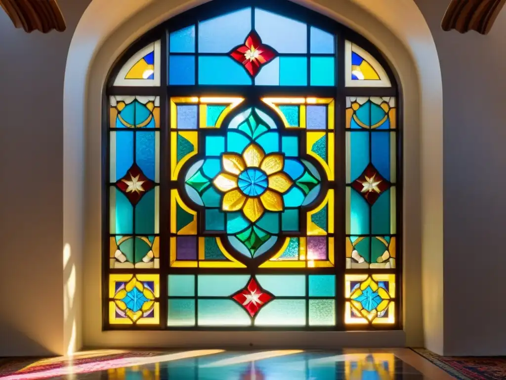 Arte del vidrio en el Islam: impresionante vitral en mezquita histórica, con patrones geométricos, colores vibrantes y juego de luz y sombra