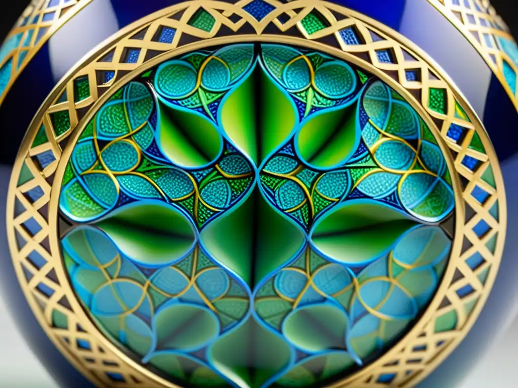 Arte del vidrio en el Islam: Vaso de cristal con patrones geométricos en azul, verde y dorado que brillan con elegancia