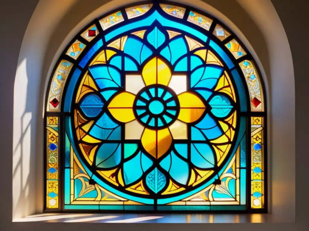 Arte del vidrio en el Islam: Ventana de vitral con patrones geométricos y motivos florales, iluminada por los rayos dorados del sol