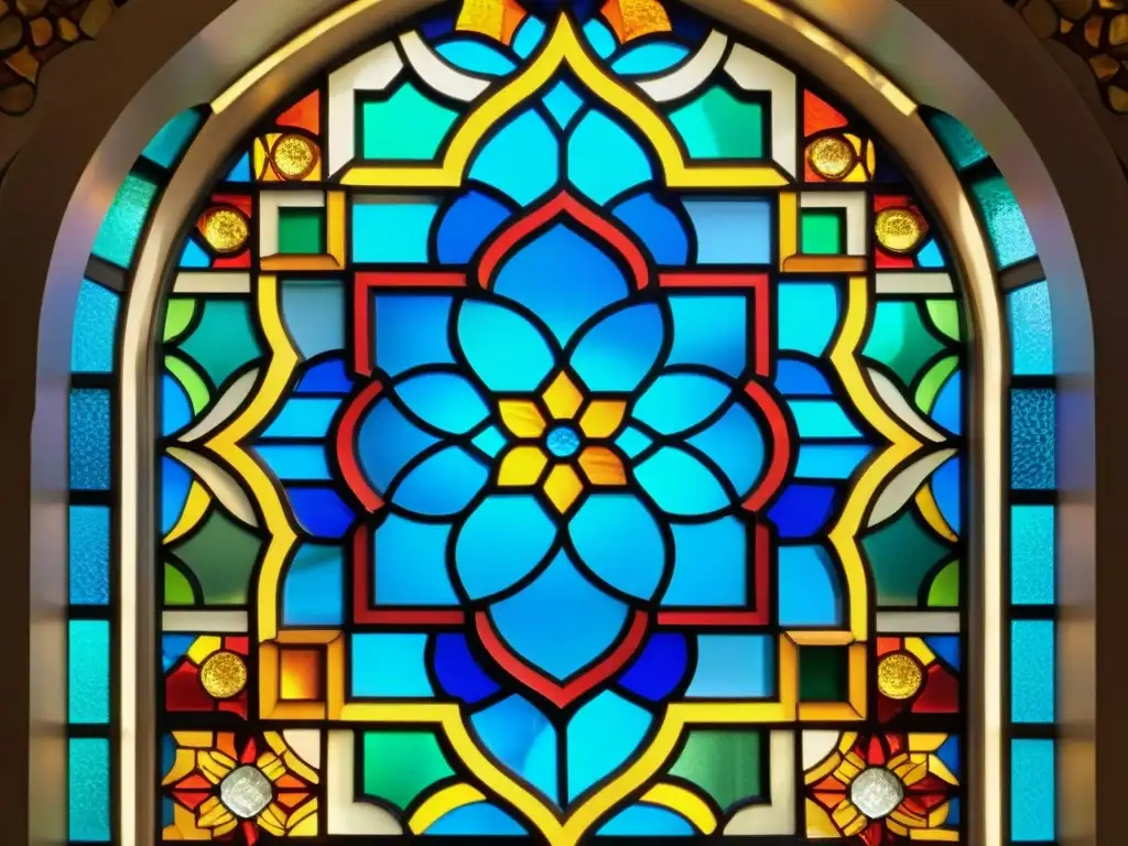 Arte del vidrio en el Islam: Ventana de vidrio multicolor con patrones geométricos en una mezquita histórica