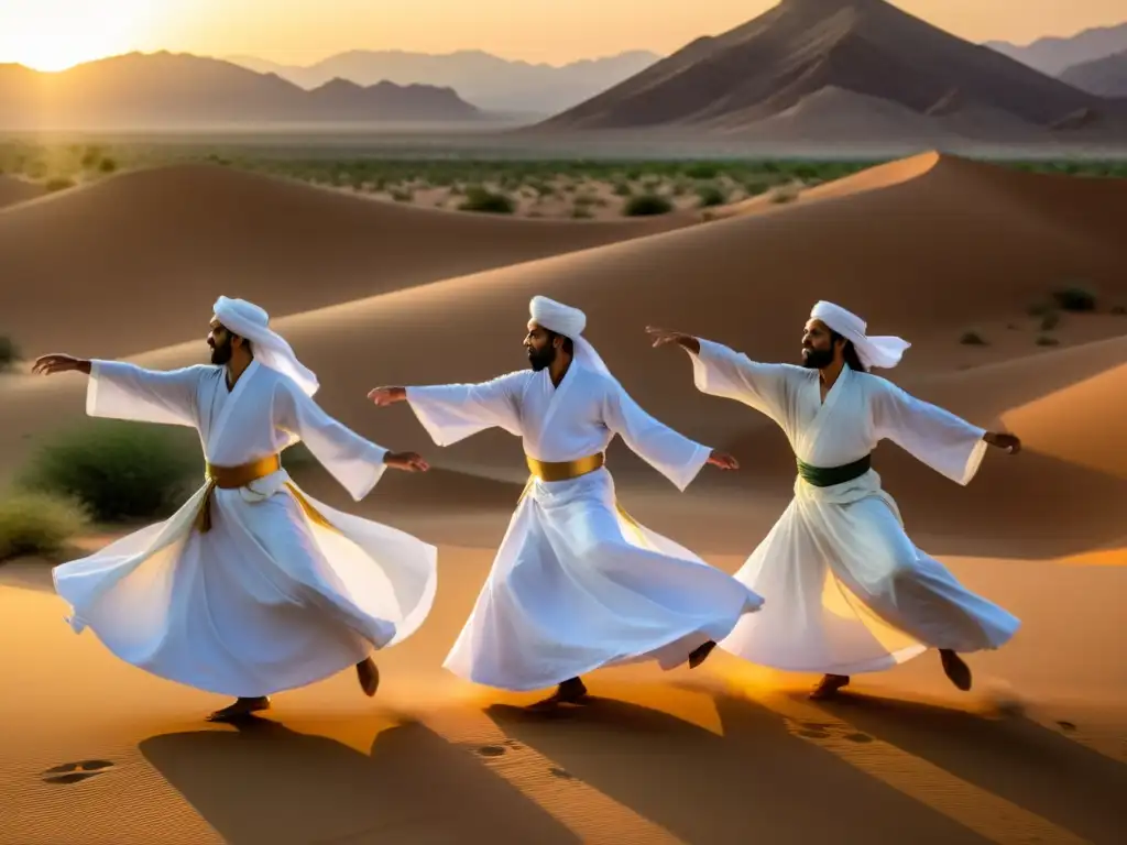 Práctica de artes marciales Sufi al amanecer en el desierto, transmitiendo una profunda conexión espiritual a través de movimientos fluidos y precisos