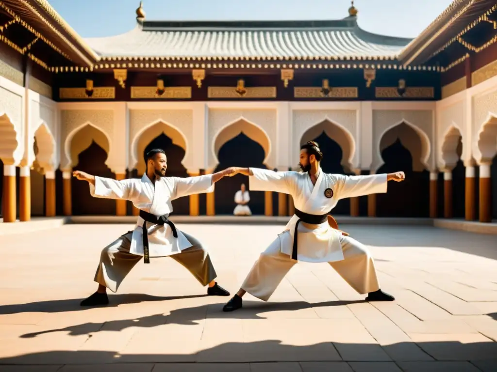 Artes marciales tradicionales mundo islámico: Grupo de artistas marciales ejecutan movimientos sincronizados en un patio soleado con patrones geométricos y una fuente serena