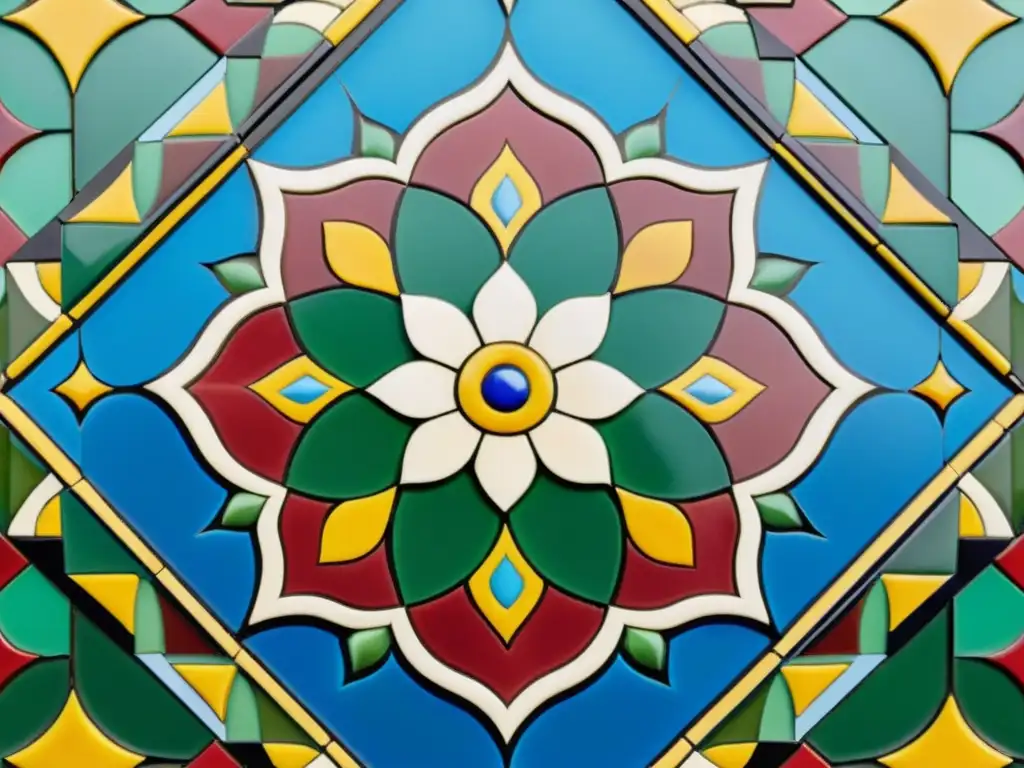 Artesanía tradicional mundo islámico: Intrincado mosaico floral con vibrantes patrones y detallados azulejos, reflejando la rica herencia artesanal islámica