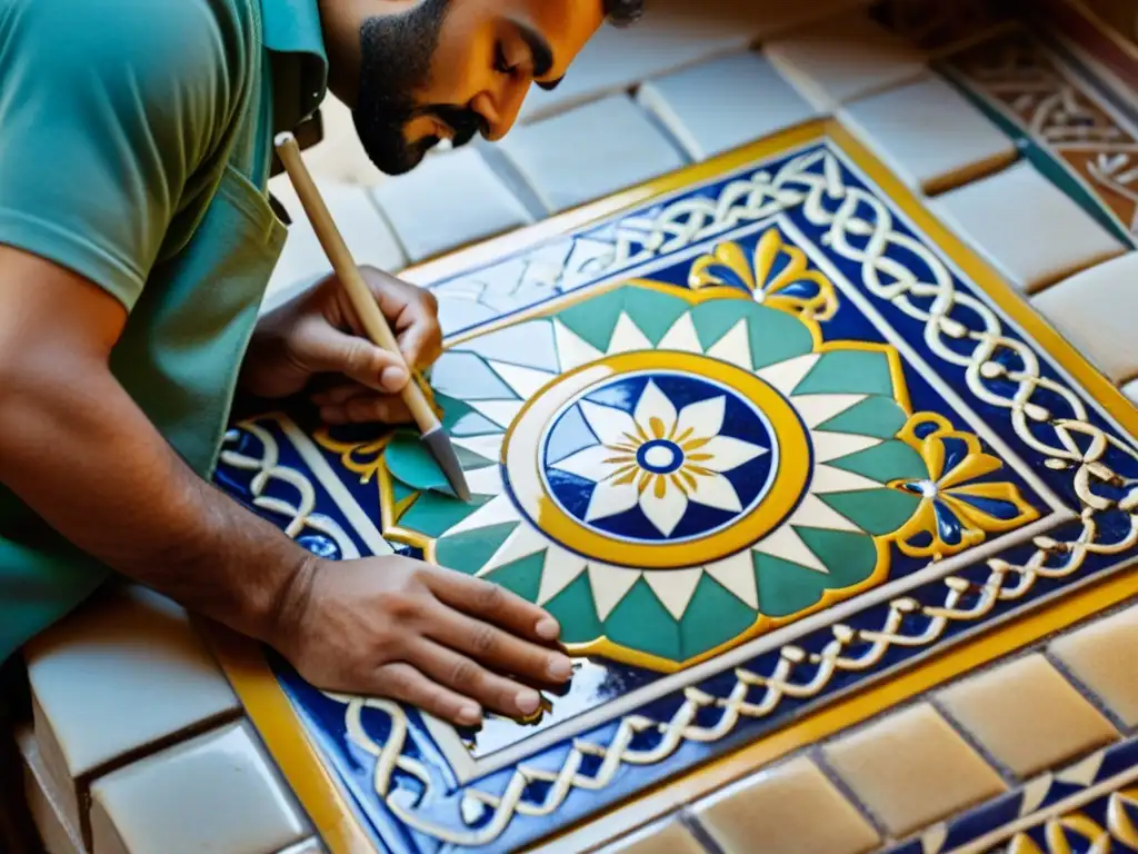 Artesano restaurando detallado azulejo islámico antiguo, destacando la restauración y preservación del patrimonio cultural