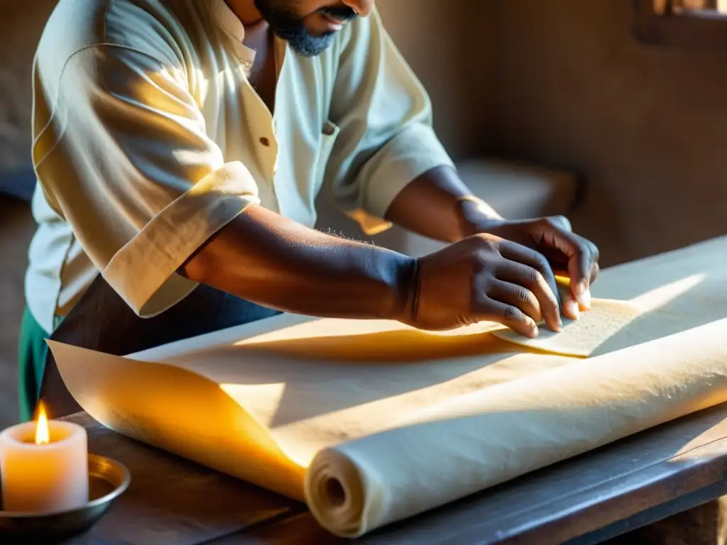 Un artesano detallista prepara pergamino en un taller islámico tradicional, bañado por la cálida luz solar