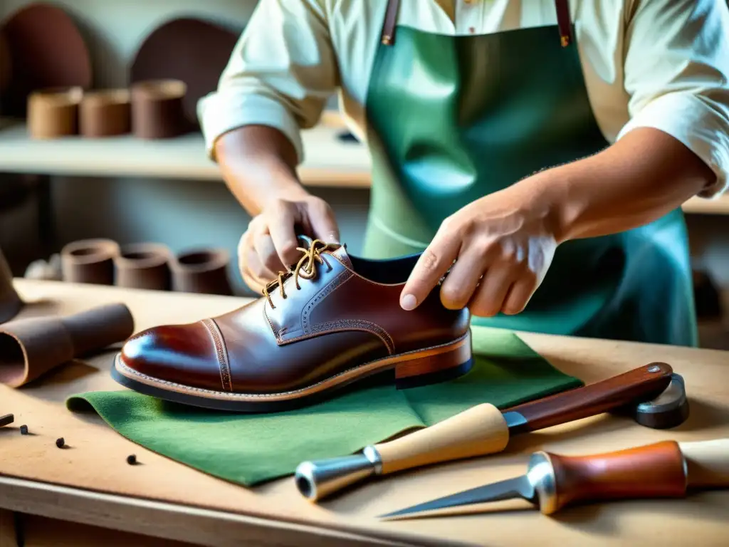 Un artesano experto crea con cuidado un par de zapatos de cuero en un taller bien iluminado, rodeado de herramientas y materiales