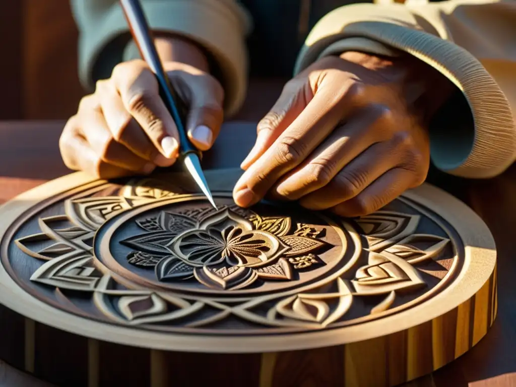 Un artesano experto talla intrincados patrones en madera oscura, bañado por cálida luz dorada, mostrando la artesanía tradicional del mundo islámico