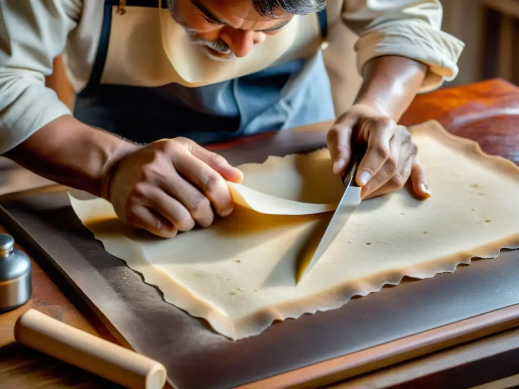 Un artesano meticuloso fabrica pergamino con durabilidad para manuscritos, mostrando el proceso tradicional en detalle