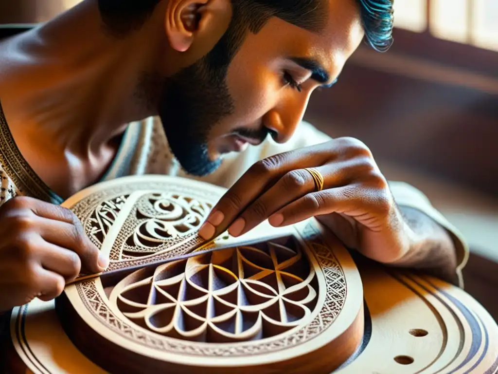 Un artesano meticuloso talla patrones geométricos en un oud, instrumento musical islámico, en armonía con la luz del sol