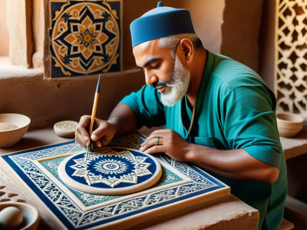 Un artesano del mundo islámico crea meticulosamente una cerámica tradicional con patrones geométricos