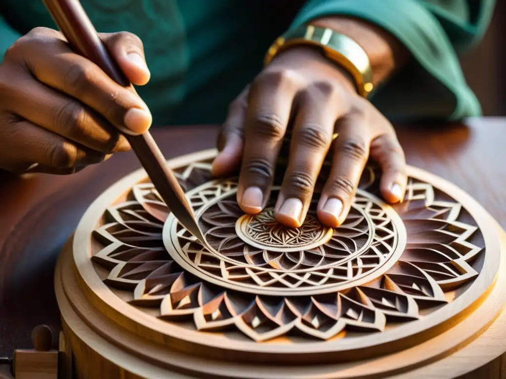 Un artesano del mundo islámico esculpe con destreza patrones geométricos en madera de caoba, resaltando la artesanía tradicional