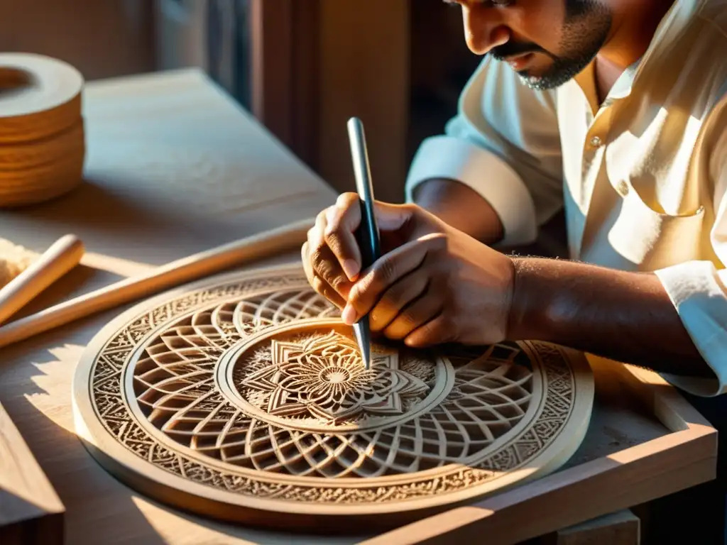 Un artesano en el mundo islámico talla con destreza diseños geométricos en madera, rodeado de herramientas tradicionales y materiales