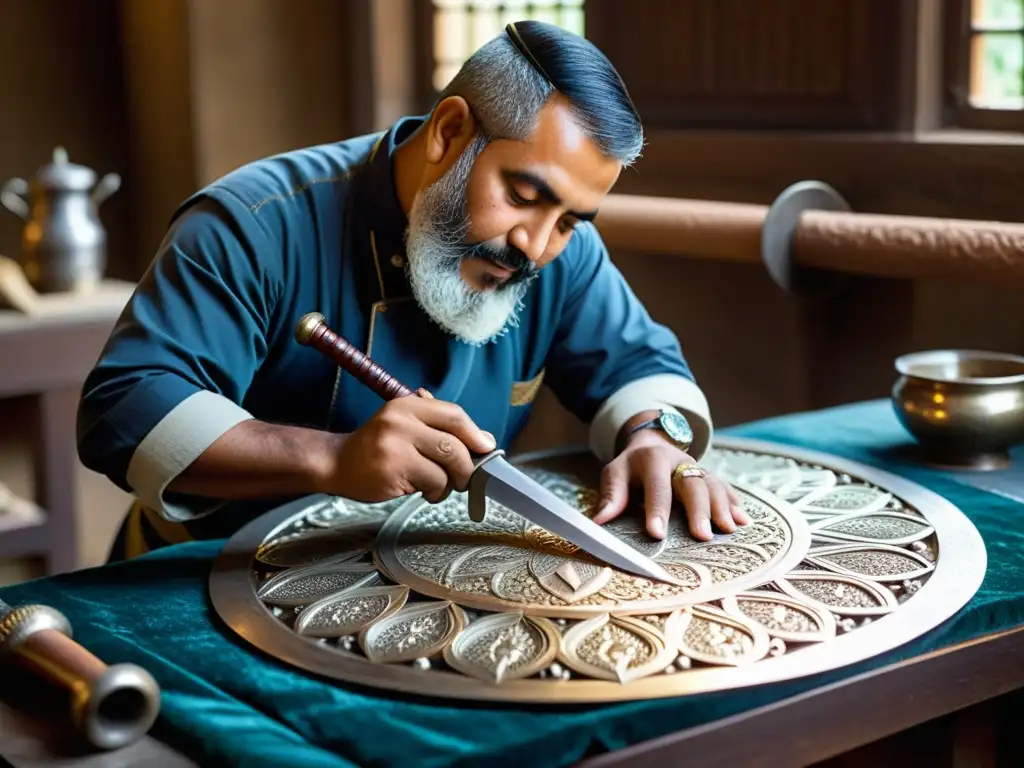 Artesano musulmán tallando una espada brillante en taller de artesanías musulmanas tradicionales vivas