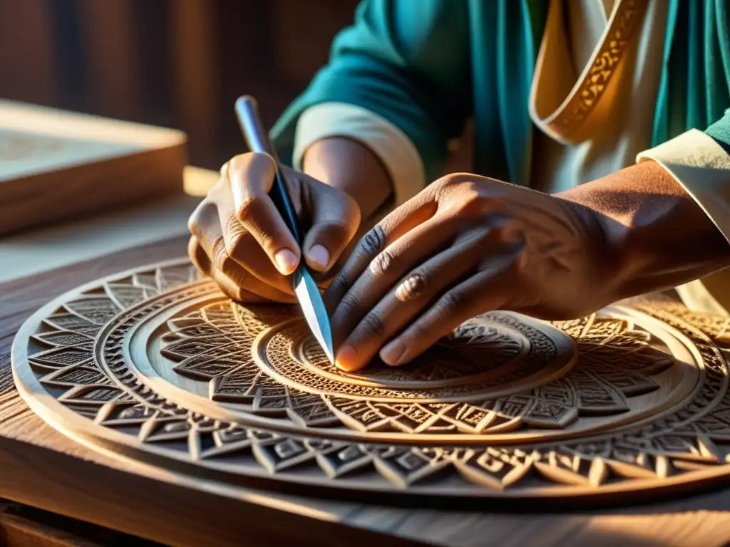 Un artesano tallando patrones en madera, reflejando la artesanía tradicional del mundo islámico