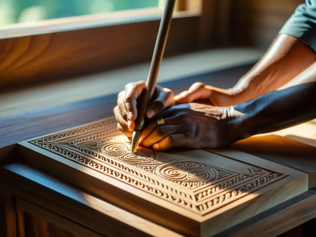 Artesano talla patrones geométricos en madera con herramientas tradicionales, bañado por la cálida luz del sol