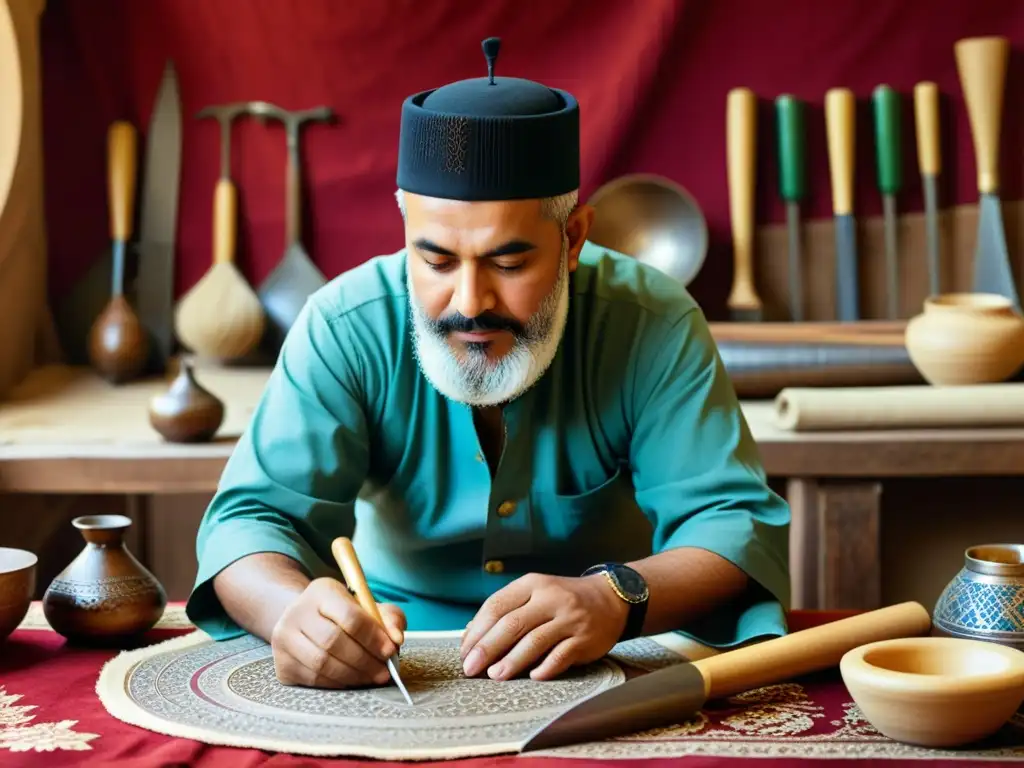 Un artesano en un taller islámico crea una obra con intrincadas técnicas y herramientas