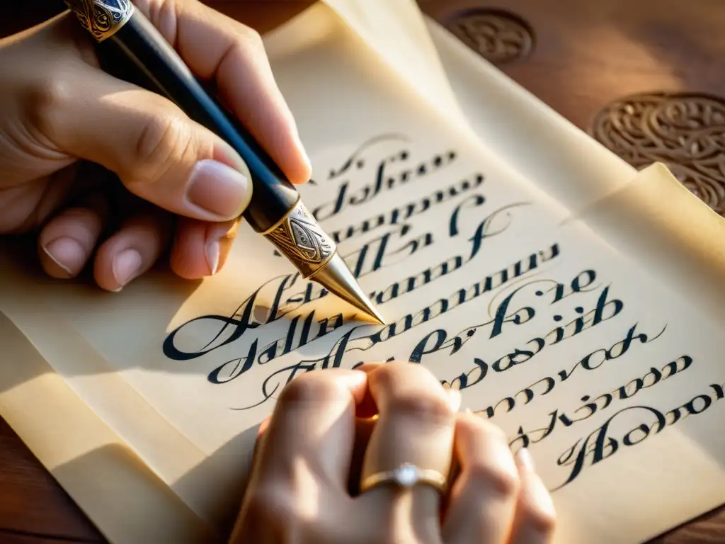 Un artista de la caligrafía árabe experto maneja con destreza una pluma de caña sobre pergamino, creando una obra maestra