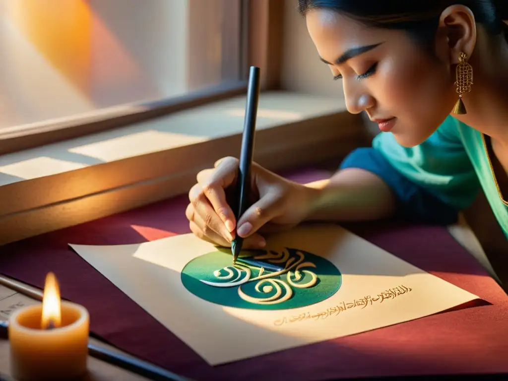 Un artista de caligrafía contemporánea crea delicadamente una escritura árabe en un pergamino, rodeado de colores vibrantes y luz cálida