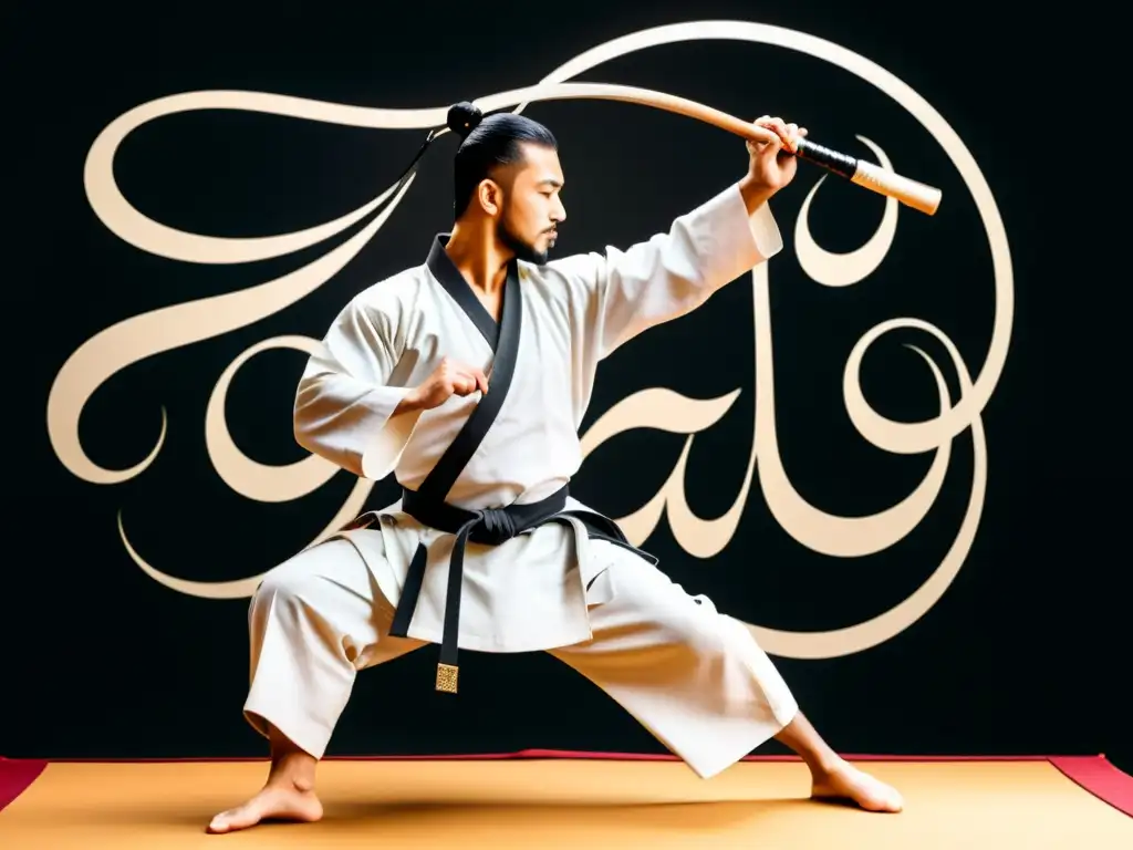 Un artista de caligrafía islámica ejecuta movimientos marciales con gracia, creando una impresionante interpretación visual