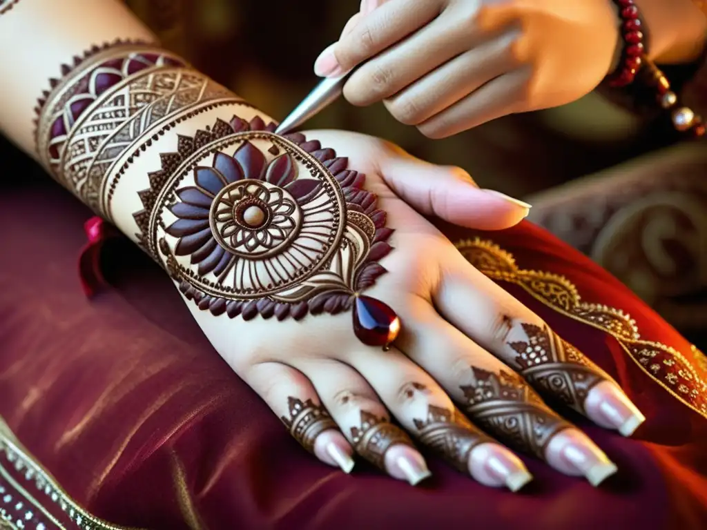 Una artista aplica un intricado tatuaje de henna en la mano de una mujer, con patrones florales y geométricos en tonos rojos y marrones