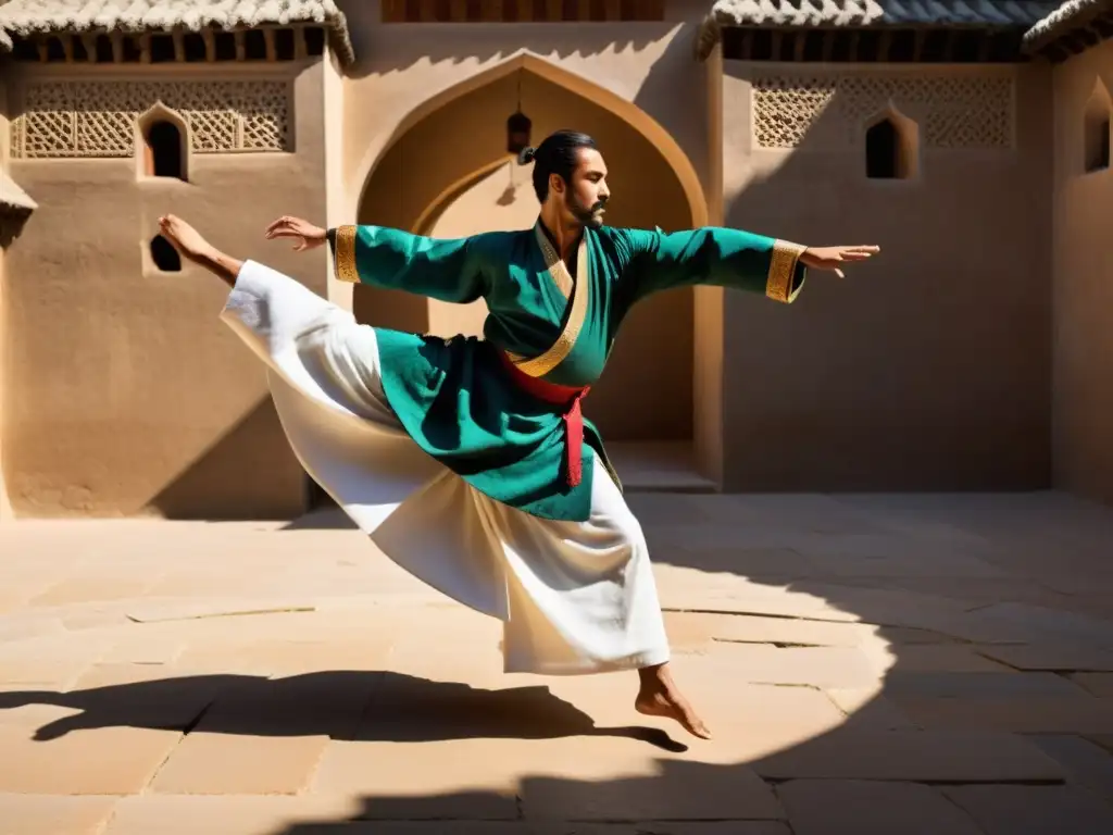 Un artista marcial vistiendo atuendo sufí ejecuta movimientos fluidos en un patio soleado, fusionando espiritualidad y artes marciales sufíes