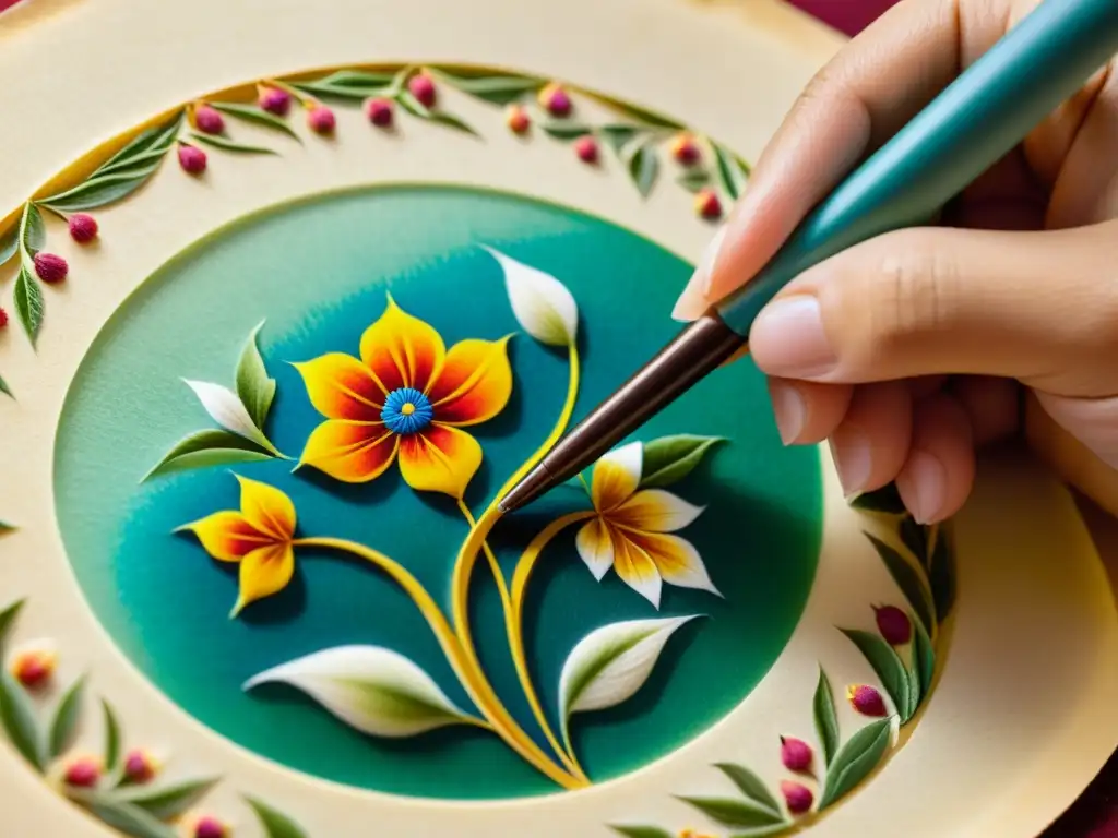 Artista persa pintando intrincados diseños florales y geométricos en pergamino, reflejando la espiritualidad del arte miniatura persa islámico