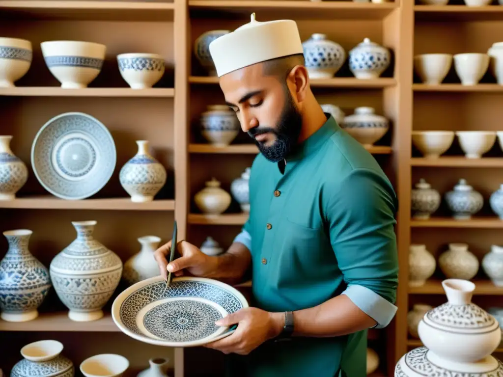 Artista pintando delicadamente un plato de cerámica con patrones intrincados, rodeado de cerámica islámica, capturando narrativas en cerámica islámica