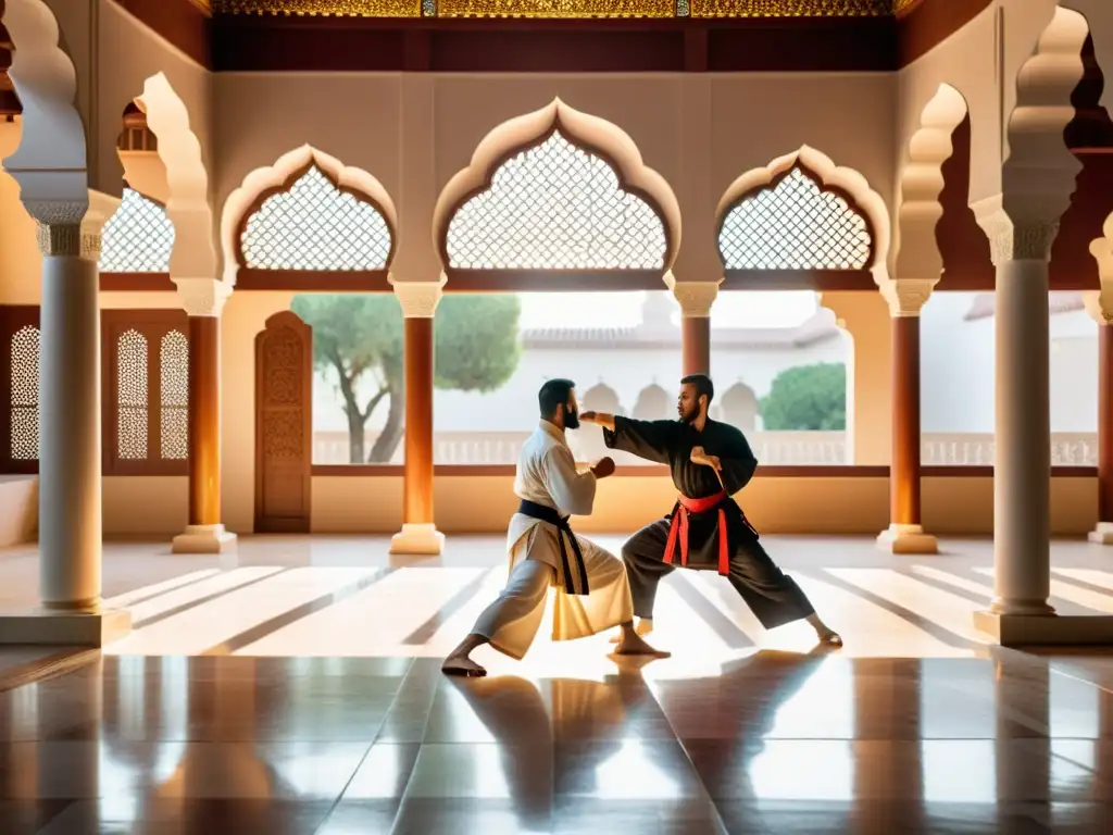 Dos artistas marciales practican en un patio islámico, mostrando la gracia de las artes marciales tradicionales en el mundo islámico