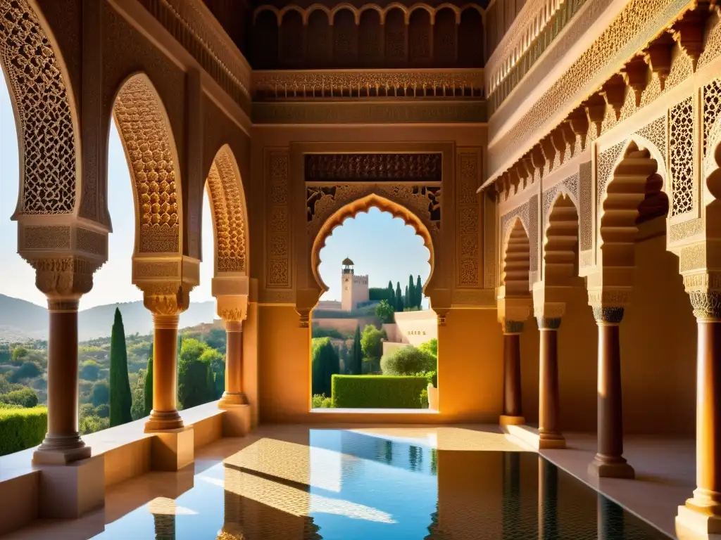 Fusión artística en el islam: La Alhambra deslumbra con sus mosaicos y patrones islámicos, bañada por una cálida luz que realza su belleza atemporal