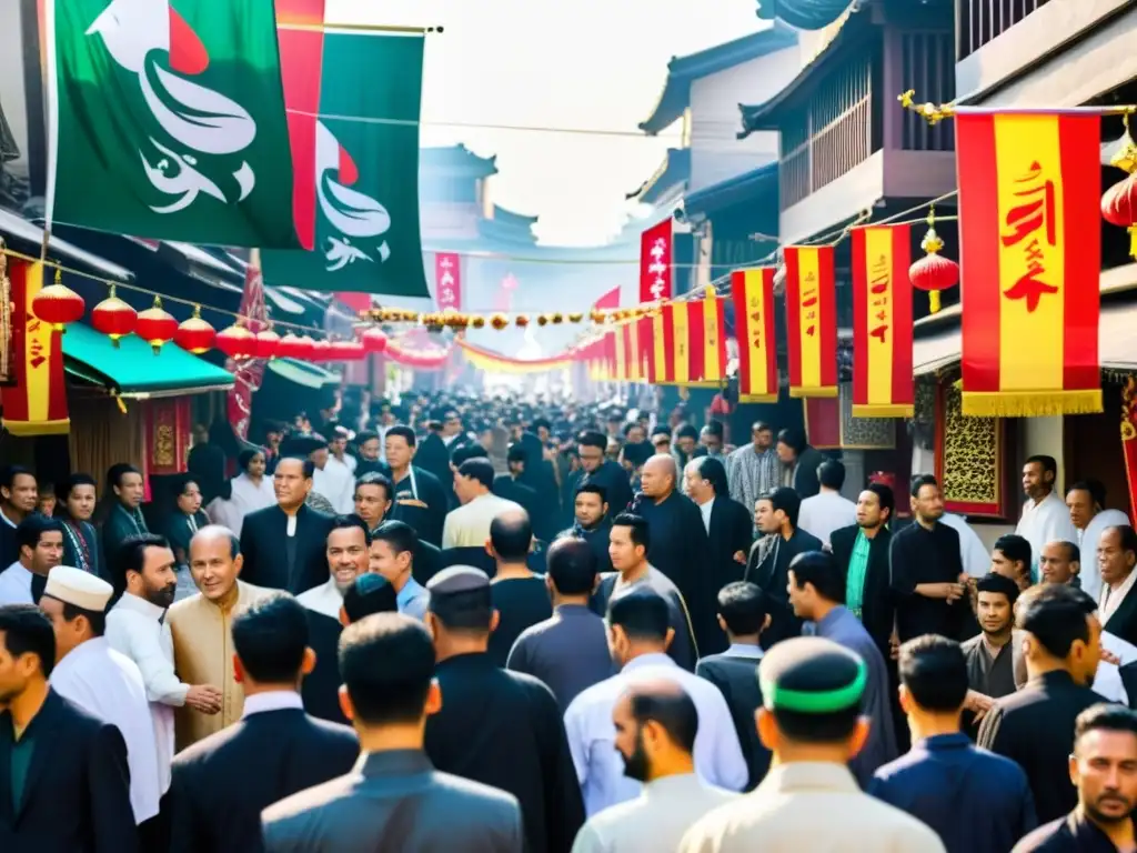 Procesión de Ashura en una bulliciosa ciudad asiática, con personas vestidas de forma tradicional y banderas coloridas