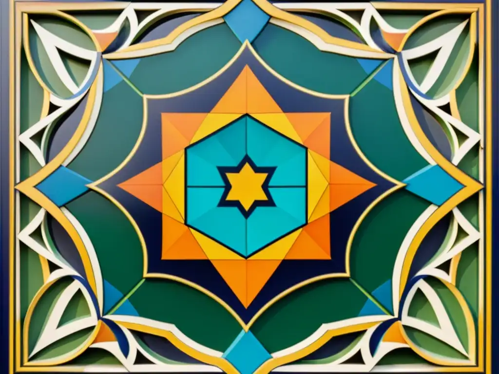 Arte geométrico islámico: colores vibrantes y simetría hipnótica Una asombrosa imagen fotorealista de un diseño geométrico intrincado, evocando las matemáticas sufíes espirituales islámicas con sus patrones simétricos y colores vibrantes
