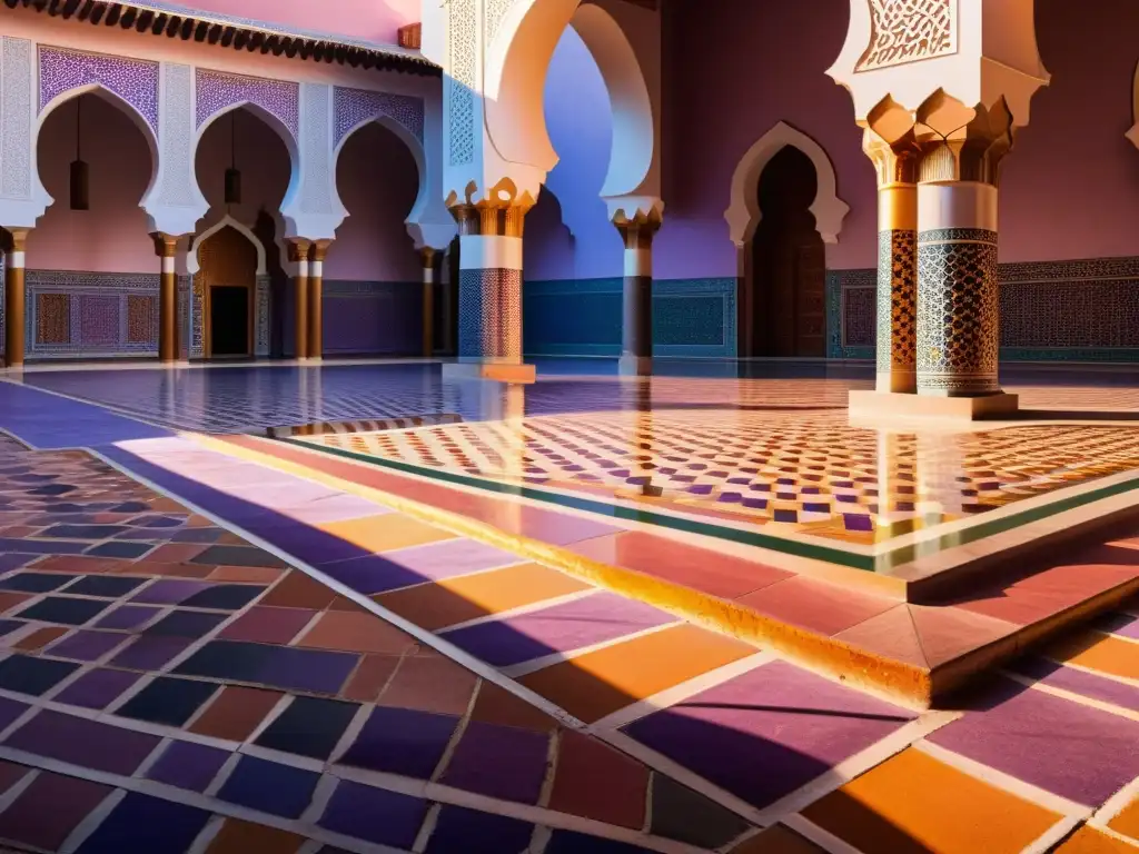 Un asombroso patio de mezquita al atardecer, con luz dorada sobre los patrones geométricos del suelo y sombras largas