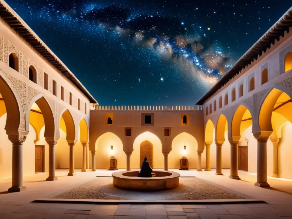 Astronomía en Al-Ándalus: Courtyard musulmán con observadores astronómicos bajo el cielo estrellado