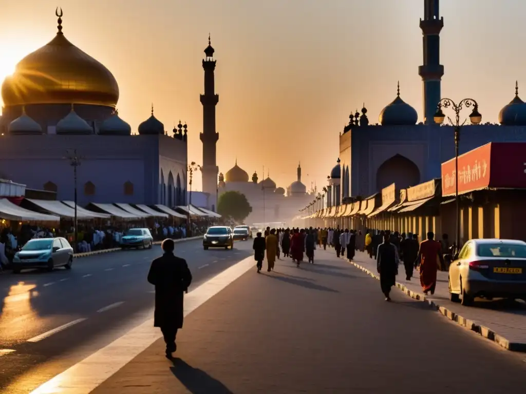 Anochecer en la ciudad: la llamada a la oración Un atardecer en la bulliciosa ciudad, con luces doradas y una mezquita en silueta