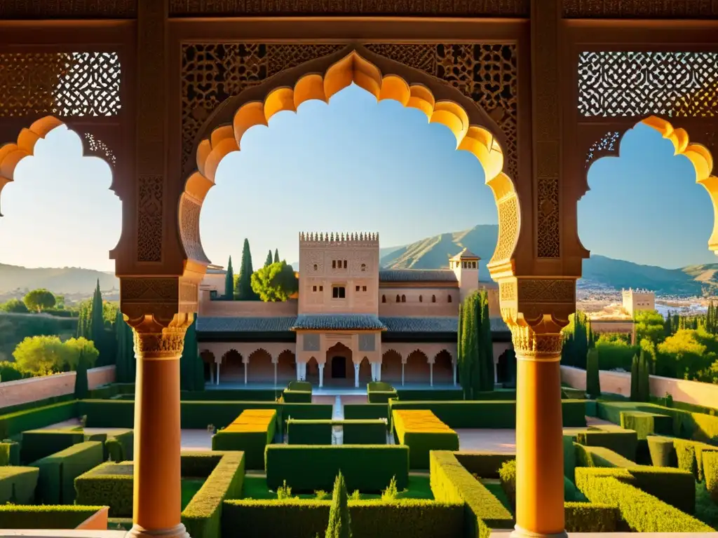 La Alhambra en Granada, España al atardecer, con detalles islámicos y arcos iluminados por el cálido sol poniente