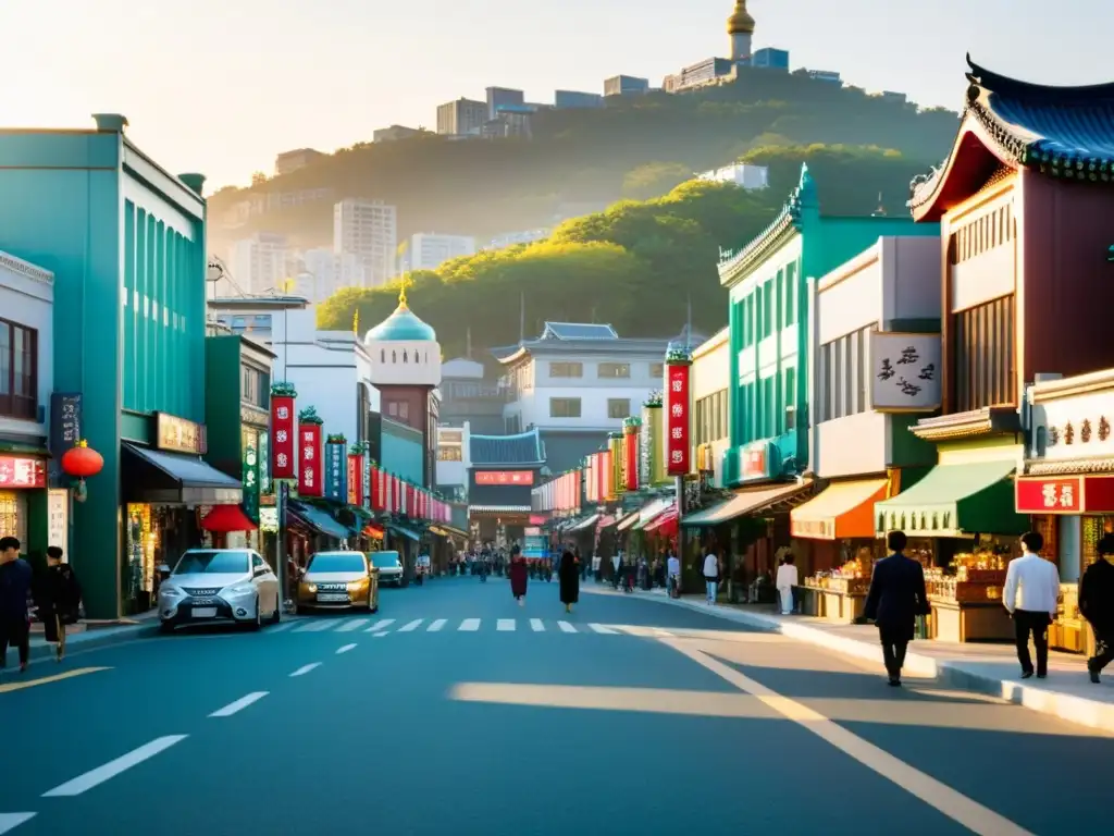 Atardecer dorado ilumina bulliciosa calle de Itaewon, reflejando la integración de la comunidad musulmana en Corea del Sur