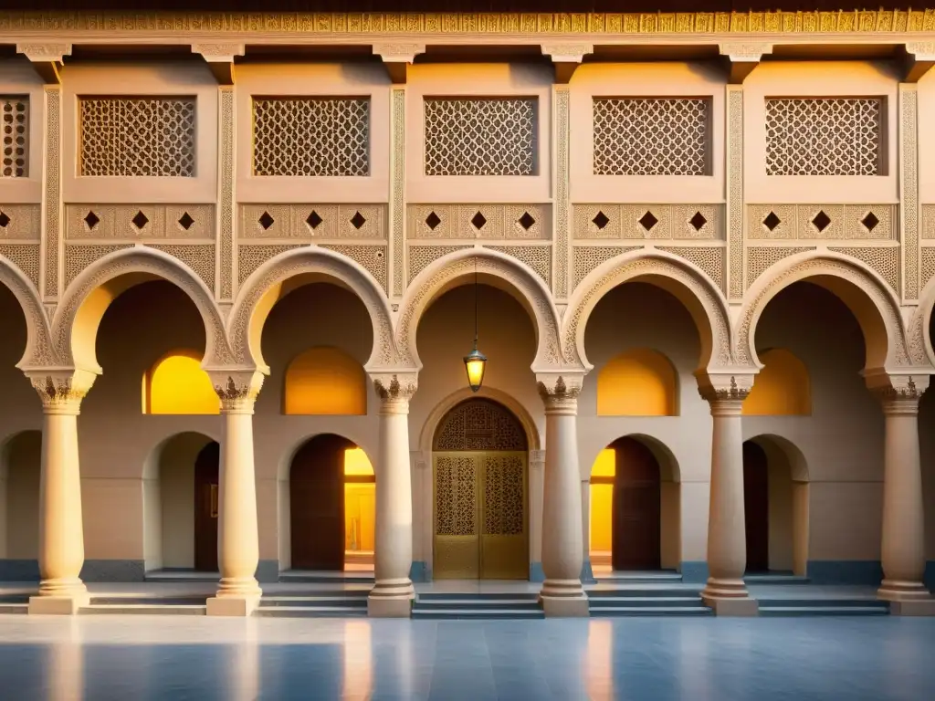 Un atardecer dorado ilumina el Hospital de Qalawun en El Cairo, Egipto, mostrando la fusión de arquitectura y espiritualidad islámica