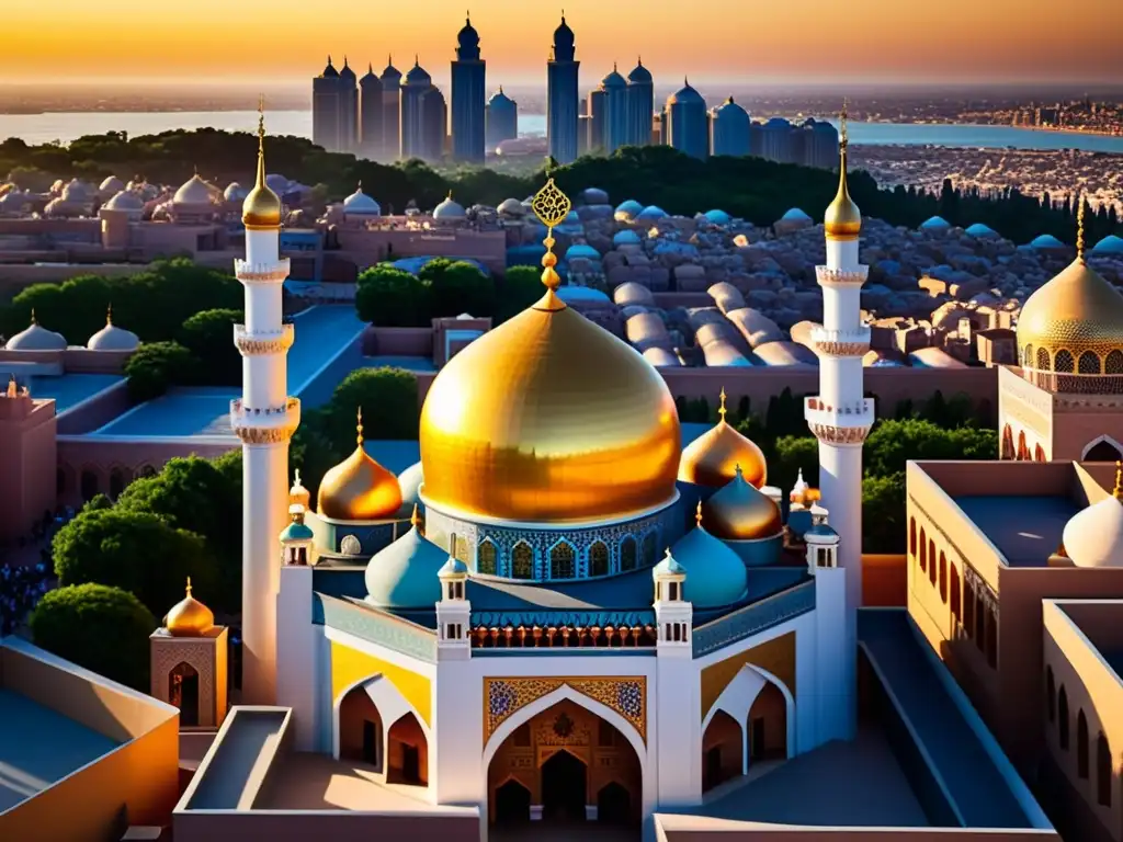 Un atardecer dorado ilumina una mezquita en una ciudad vibrante, con patrones geométricos adornando minaretes y cúpulas