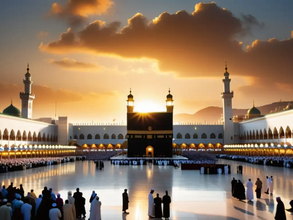 Un atardecer dorado en la Mezquita Masjid al-Haram en Meca, con la Kaaba y peregrinos rezando