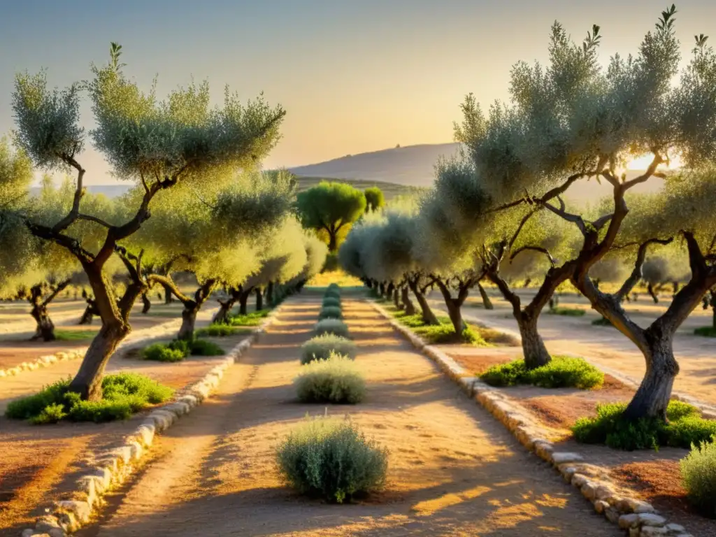 Un atardecer dorado ilumina un olivar exuberante, con un antiguo molino de aceite de oliva y un pueblo mediterráneo al fondo