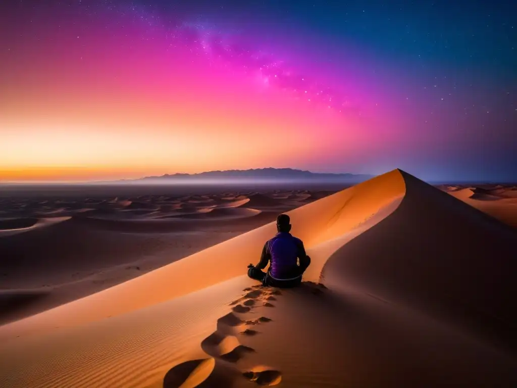 Un atardecer impresionante sobre el Desierto del Sáhara, con colores vibrantes reflejándose en las dunas