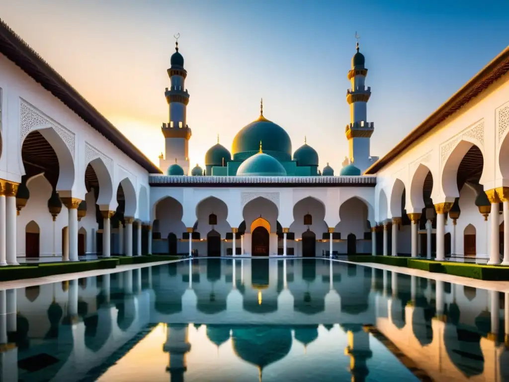 Atardecer sobre una impresionante mezquita con patrones geométricos, jardines exuberantes y estudiosos