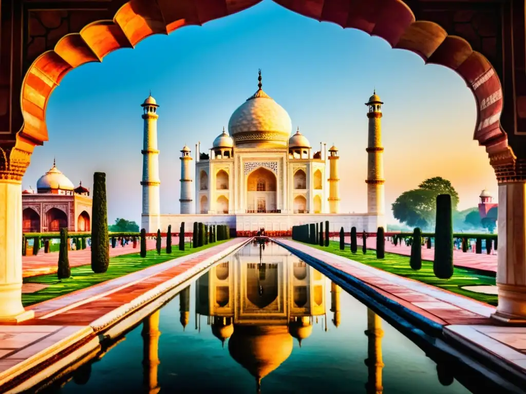 El Taj Mahal al atardecer refleja la expansión islámica en el subcontinente indio con su belleza arquitectónica y simetría serena