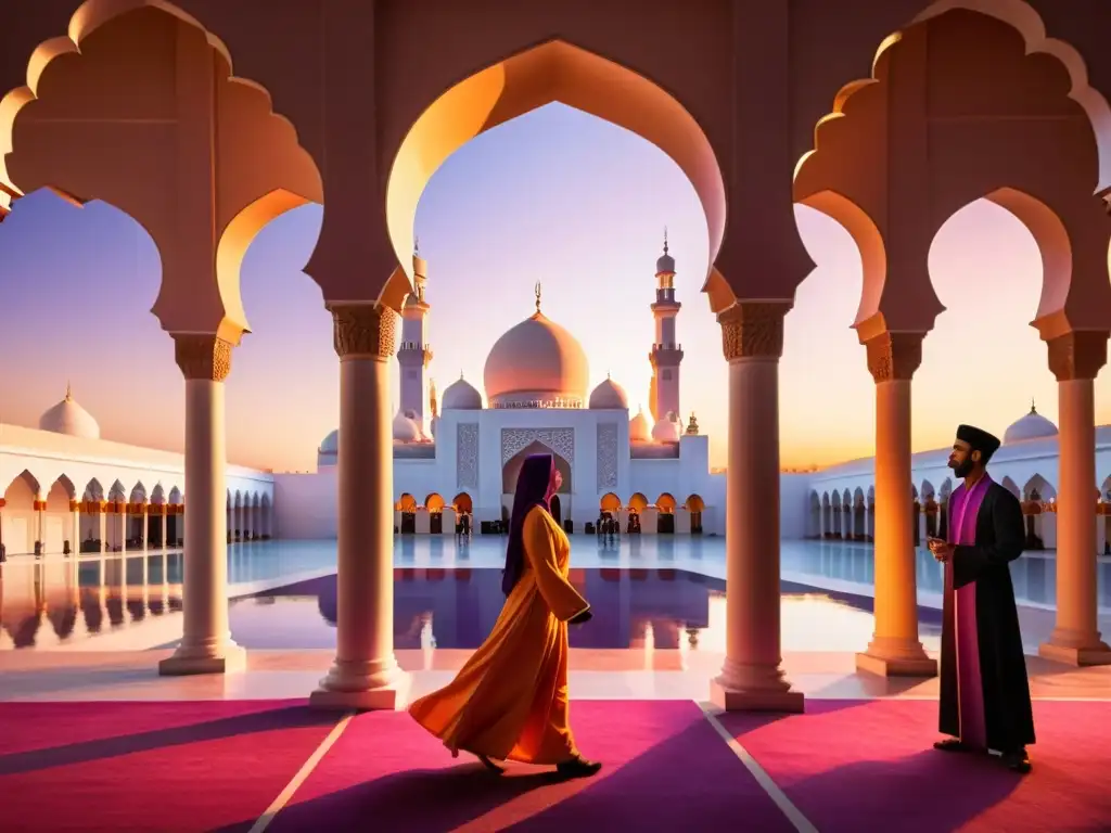 Un atardecer en una majestuosa mezquita con patrones geométricos, figuras y un poeta escribiendo versos en un diario de cuero